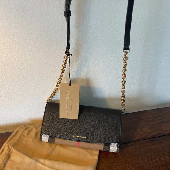 Burberry Henley Check Chain Crossbody Wallet Bag Leather & Fabric Black - Picture 6 of 13